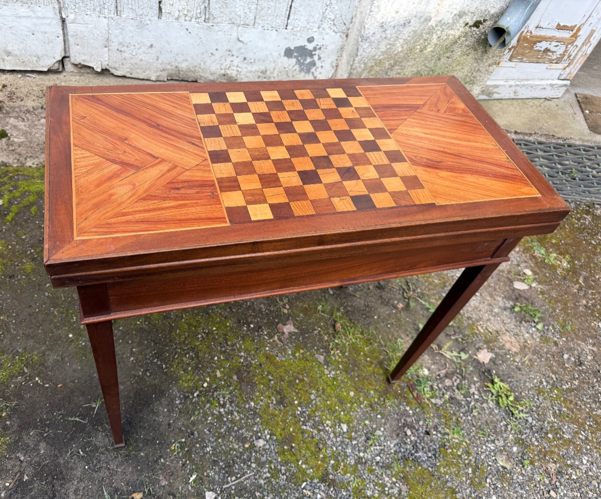 Elégante Table fin XVIIIème en bois fruitier et en marqueterie  , portefeuille époque Louis XVI-photo-5