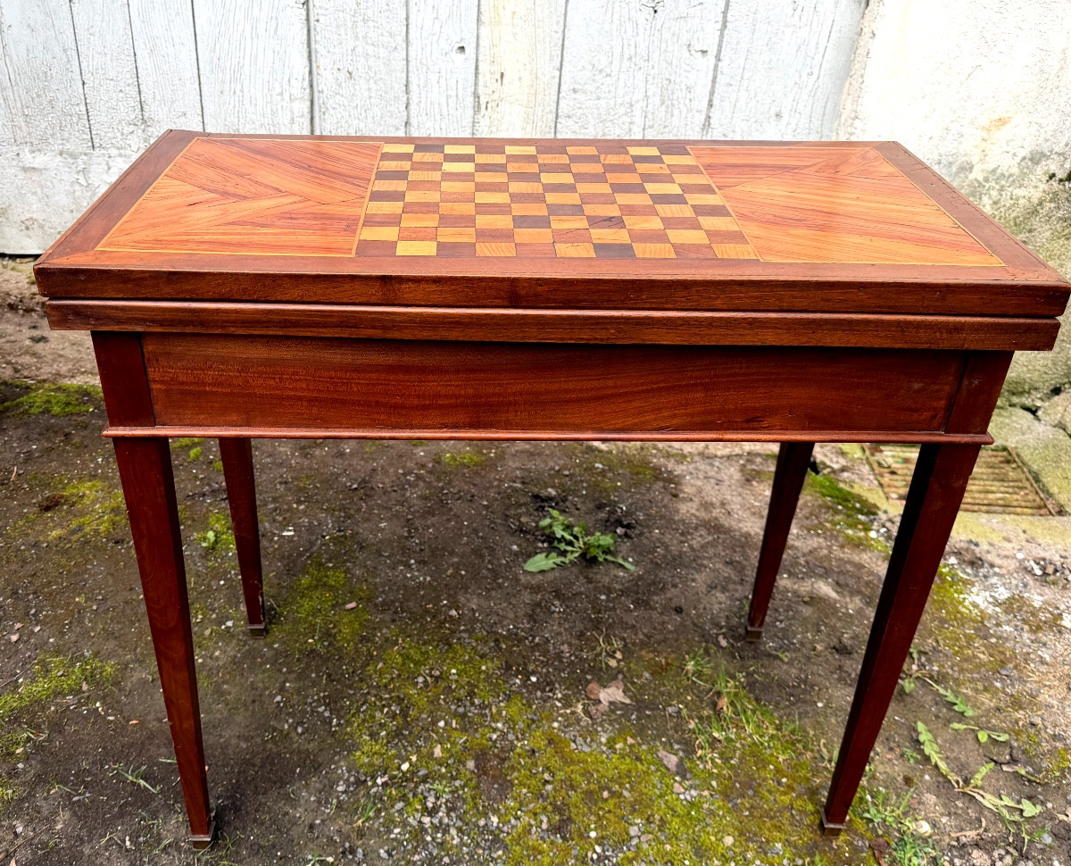 Elégante Table fin XVIIIème en bois fruitier et en marqueterie  , portefeuille époque Louis XVI-photo-7