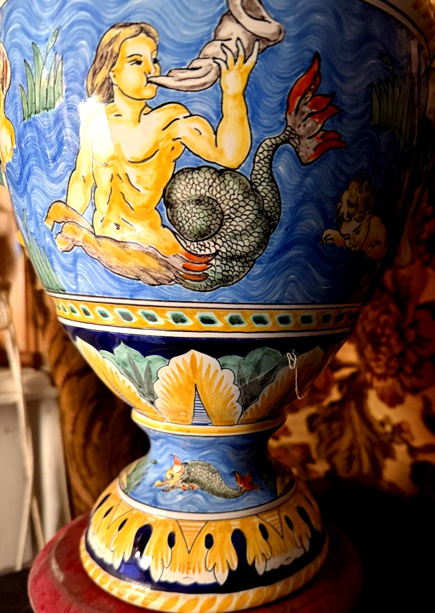 Large Nevers Vase, Ornamental And Polychromed Renaissance Style, Signed Montagnon.-photo-2