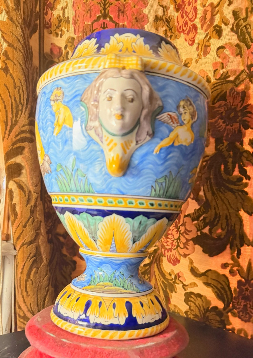 Large Nevers Vase, Ornamental And Polychromed Renaissance Style, Signed Montagnon.-photo-3