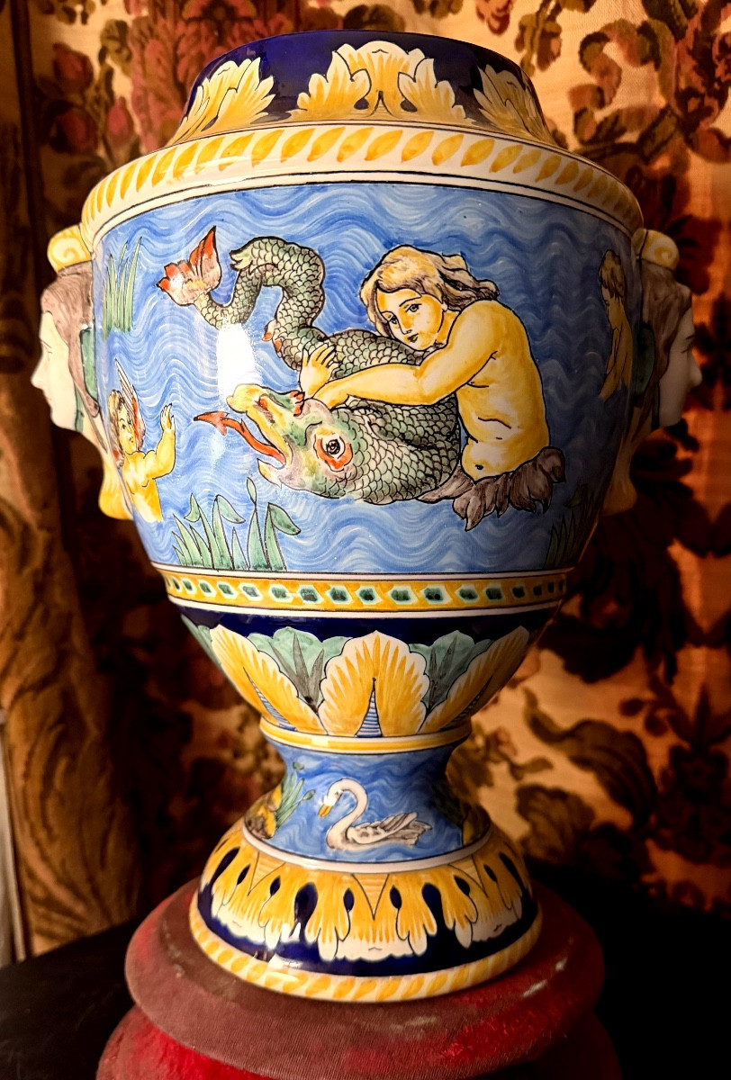 Large Nevers Vase, Ornamental And Polychromed Renaissance Style, Signed Montagnon.-photo-4