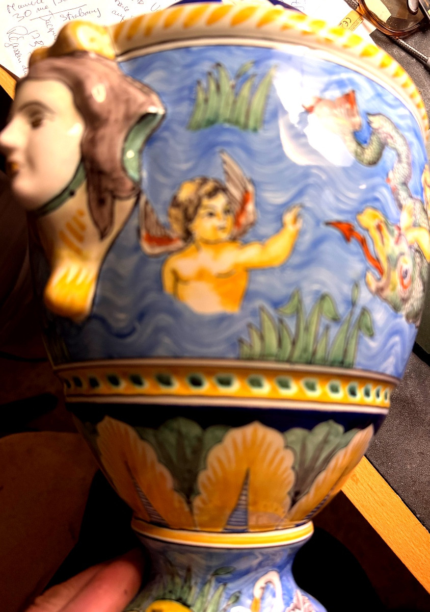 Large Nevers Vase, Ornamental And Polychromed Renaissance Style, Signed Montagnon.-photo-3