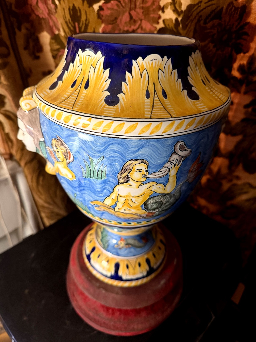 Large Nevers Vase, Ornamental And Polychromed Renaissance Style, Signed Montagnon.-photo-4