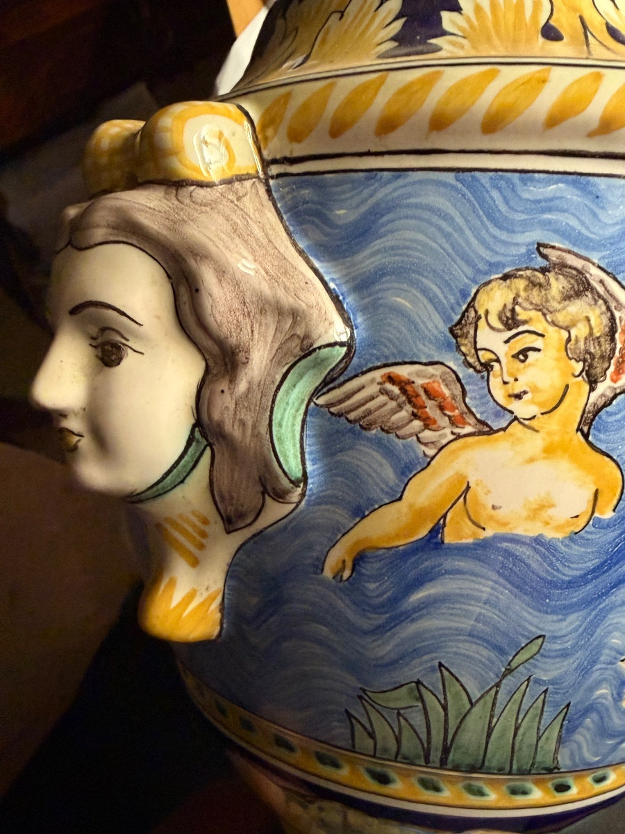 Large Nevers Vase, Ornamental And Polychromed Renaissance Style, Signed Montagnon.-photo-5