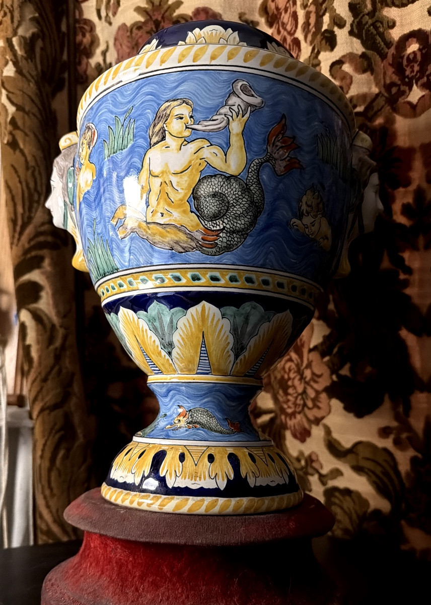 Large Nevers Vase, Ornamental And Polychromed Renaissance Style, Signed Montagnon.-photo-7