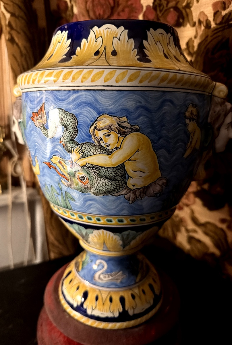 Large Nevers Vase, Ornamental And Polychromed Renaissance Style, Signed Montagnon.-photo-8