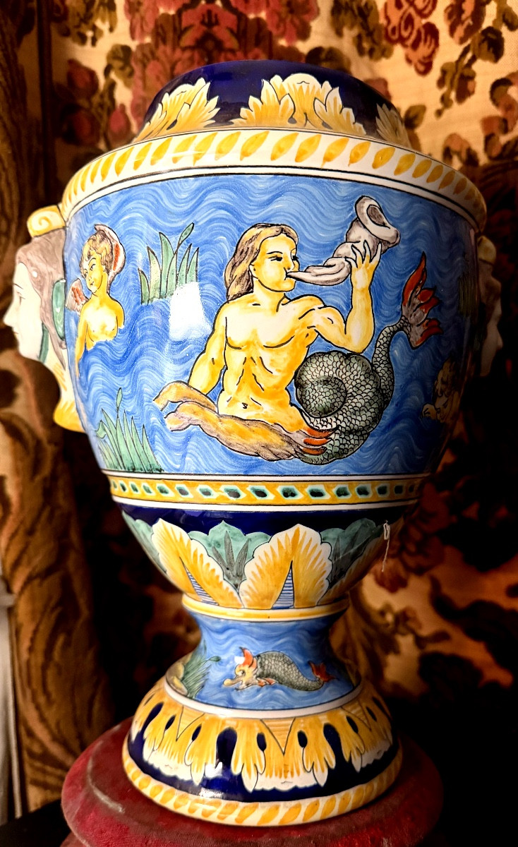 Large Nevers Vase, Ornamental And Polychromed Renaissance Style, Signed Montagnon.
