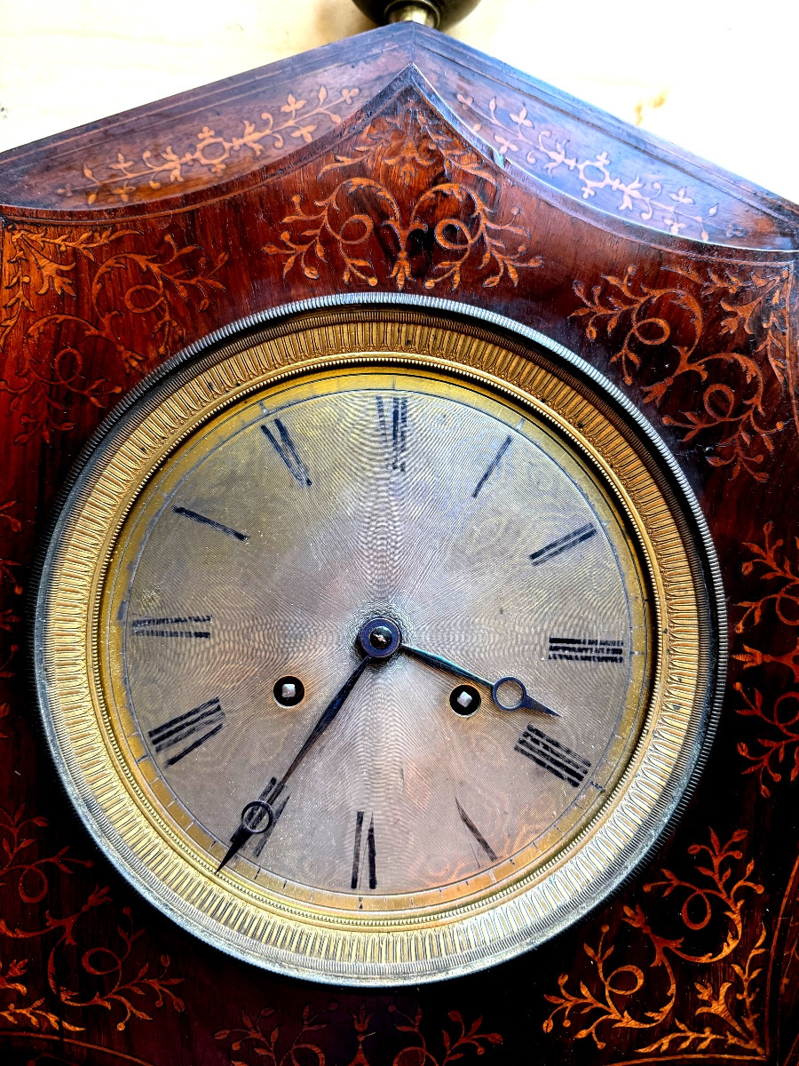 Beautiful Wall Clock Inlaid With Rosewood And Lemon, Oeil De Boeuf Faceted Sides Ch; X-photo-2