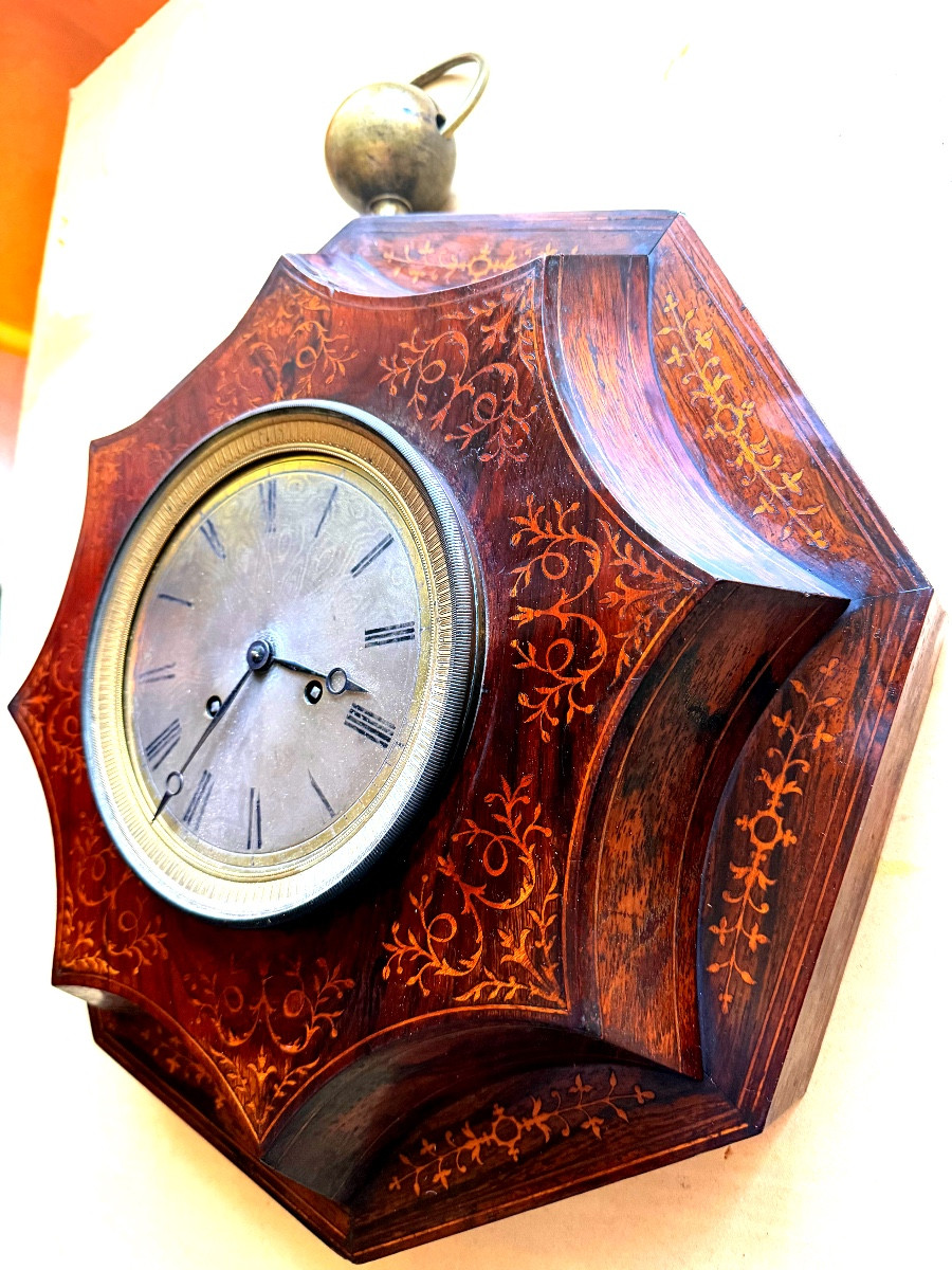 Beautiful Wall Clock Inlaid With Rosewood And Lemon, Oeil De Boeuf Faceted Sides Ch; X-photo-4