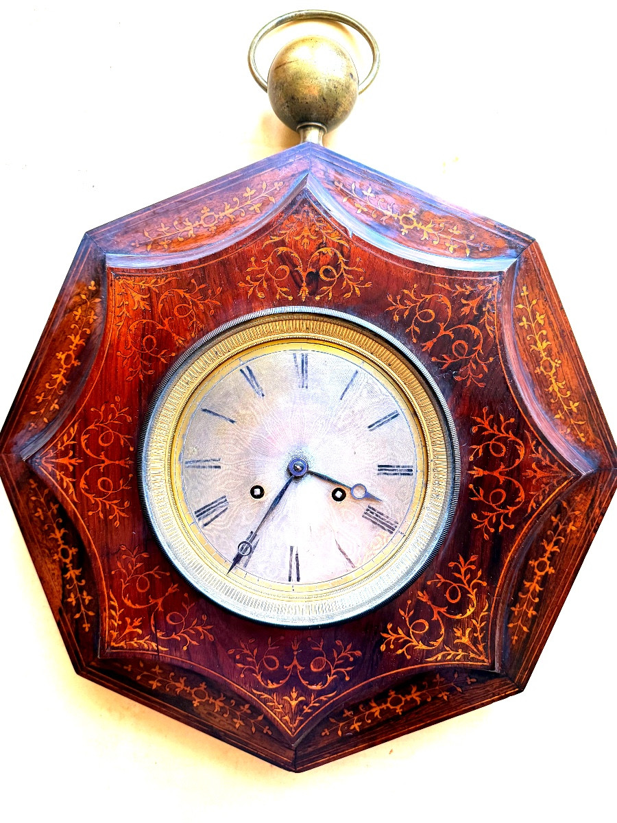 Beautiful Wall Clock Inlaid With Rosewood And Lemon, Oeil De Boeuf Faceted Sides Ch; X-photo-4