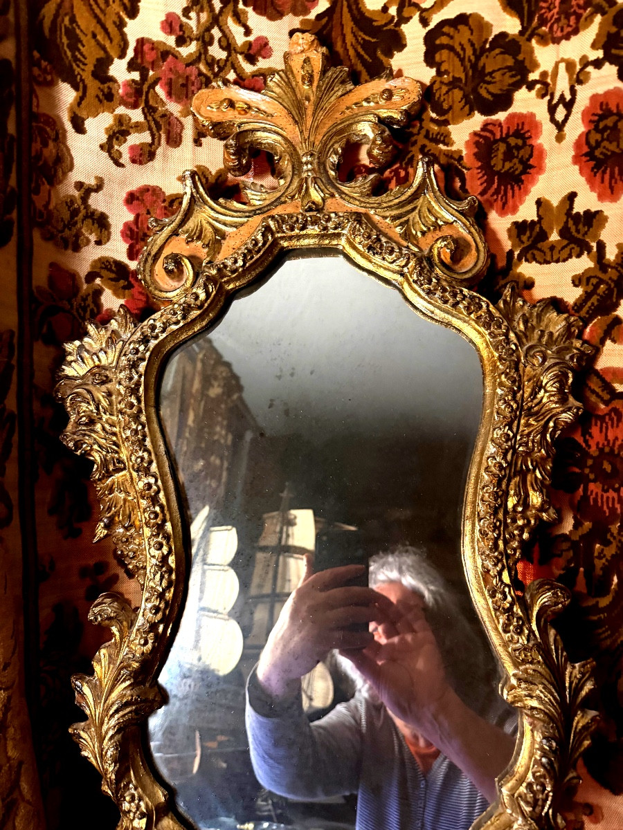  glace baroque ,bois doré Vénitienne fin XIXème richement sculptée chantournée  haut en panache-photo-2