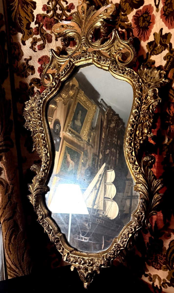  glace baroque ,bois doré Vénitienne fin XIXème richement sculptée chantournée  haut en panache-photo-3