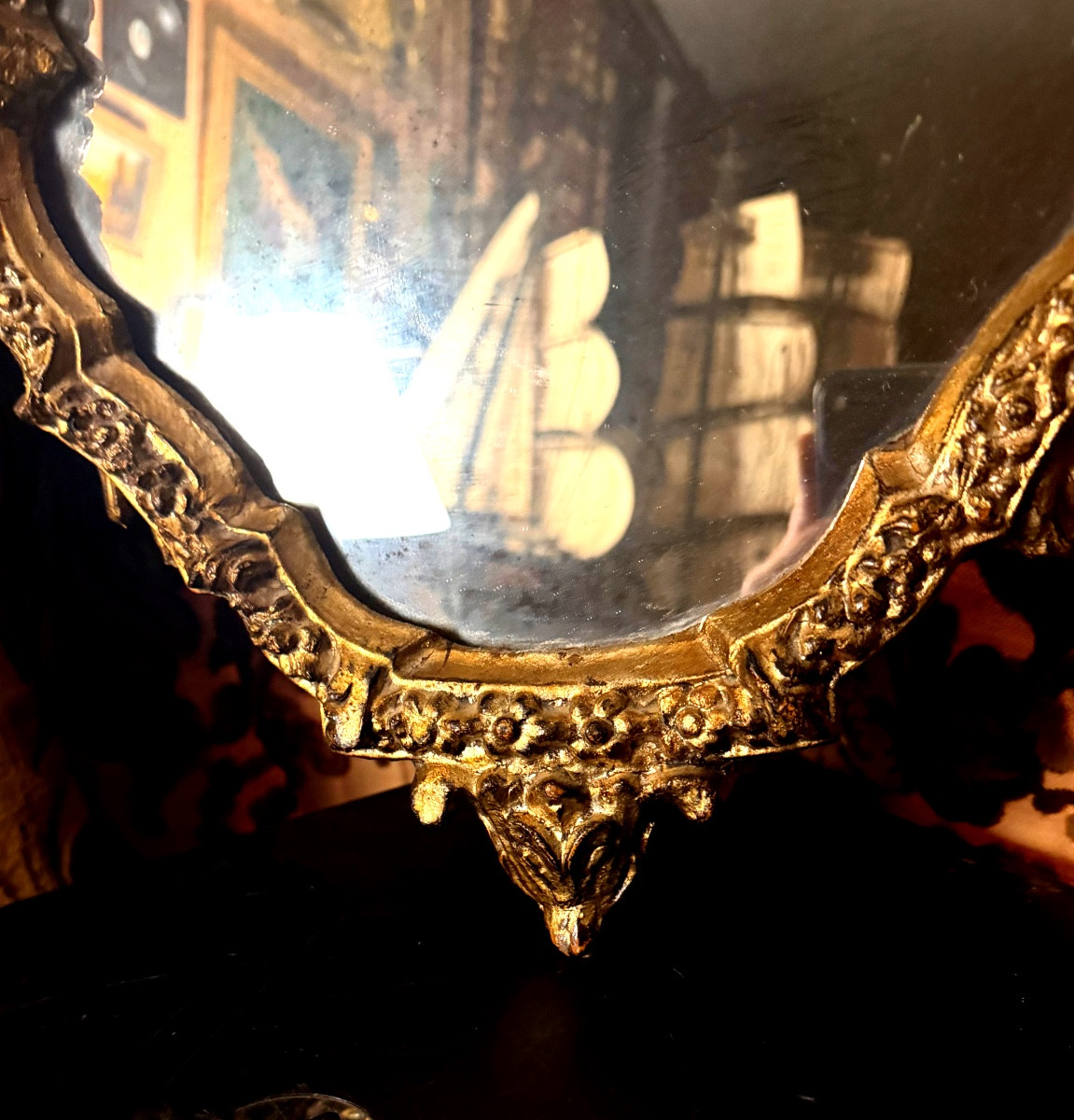  glace baroque ,bois doré Vénitienne fin XIXème richement sculptée chantournée  haut en panache-photo-4