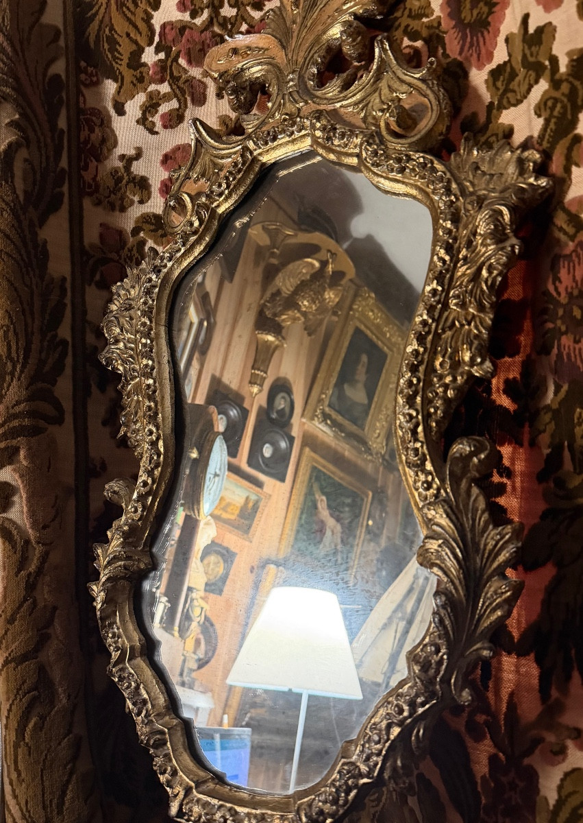  glace baroque ,bois doré Vénitienne fin XIXème richement sculptée chantournée  haut en panache-photo-3