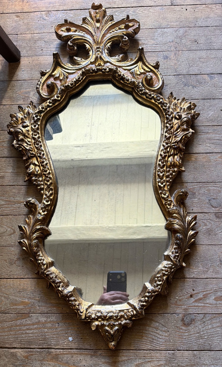  glace baroque ,bois doré Vénitienne fin XIXème richement sculptée chantournée  haut en panache-photo-8
