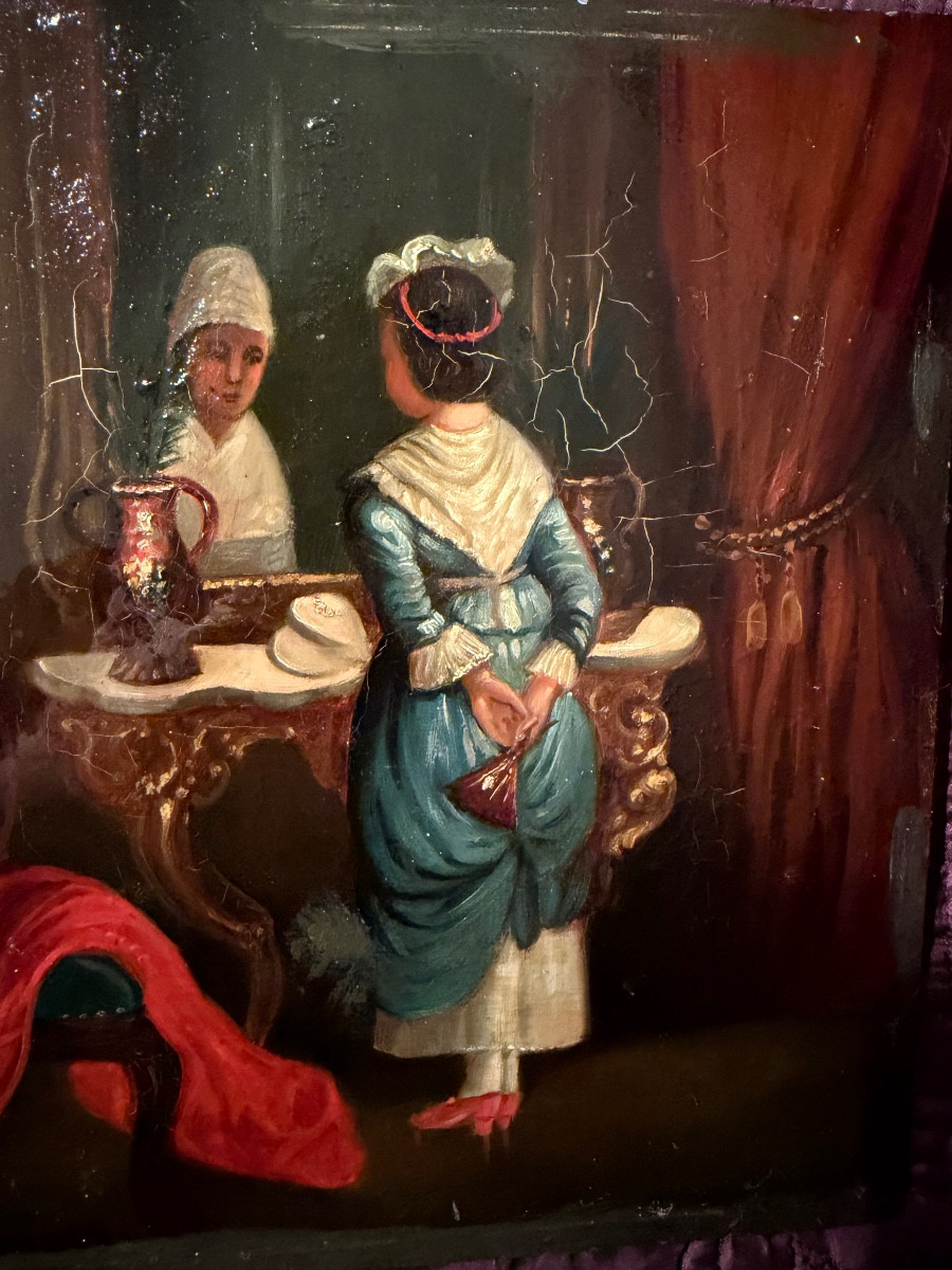 Oil On Copper: A Coquette Looks At Herself In Front Of A Baroque Console In The Reflection Of A Mirror-photo-6