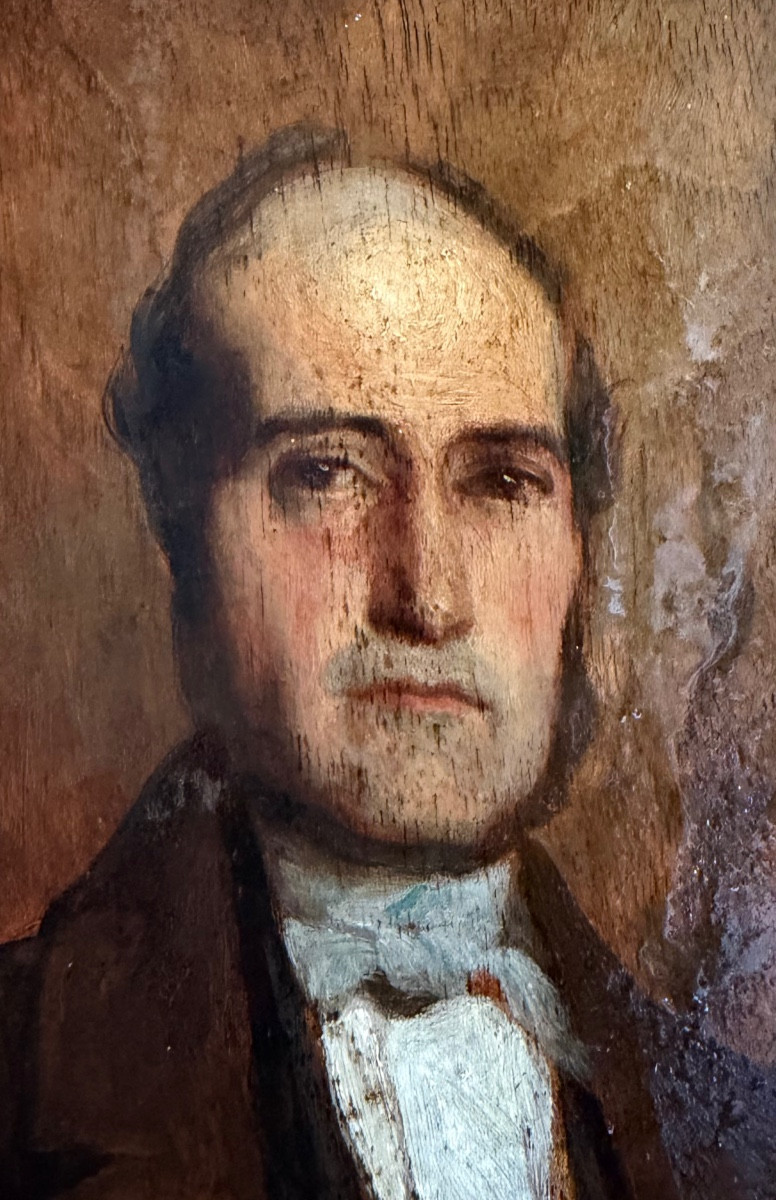  Elégant Portrait de Notable d'époque Louis Philippe huile/panneau bien encadrée , vers 1840-photo-2
