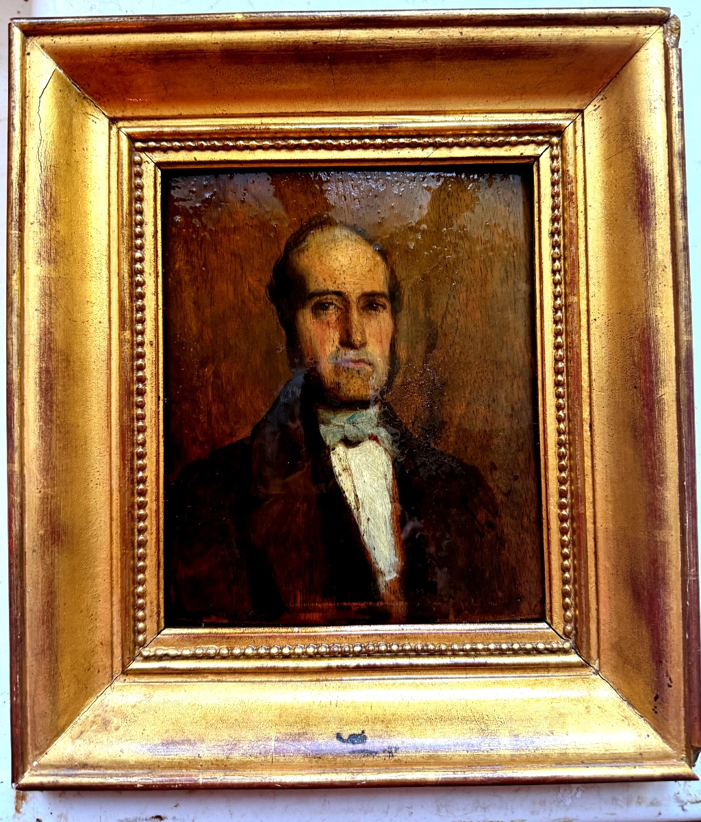  Elégant Portrait de Notable d'époque Louis Philippe huile/panneau bien encadrée , vers 1840-photo-7