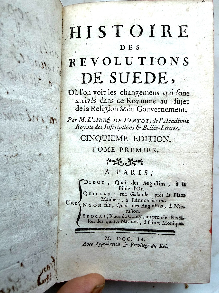  Belle Histoire des Révolutions de Suède , 2 Vol. In 12  A Paris 1751 , par Mr l'Abbé de Vertot-photo-3