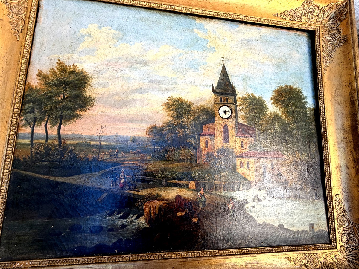  Fine Large Sound Landscape Painting To The Rhythm Of A Church In Its Charles X Period Frame-photo-2