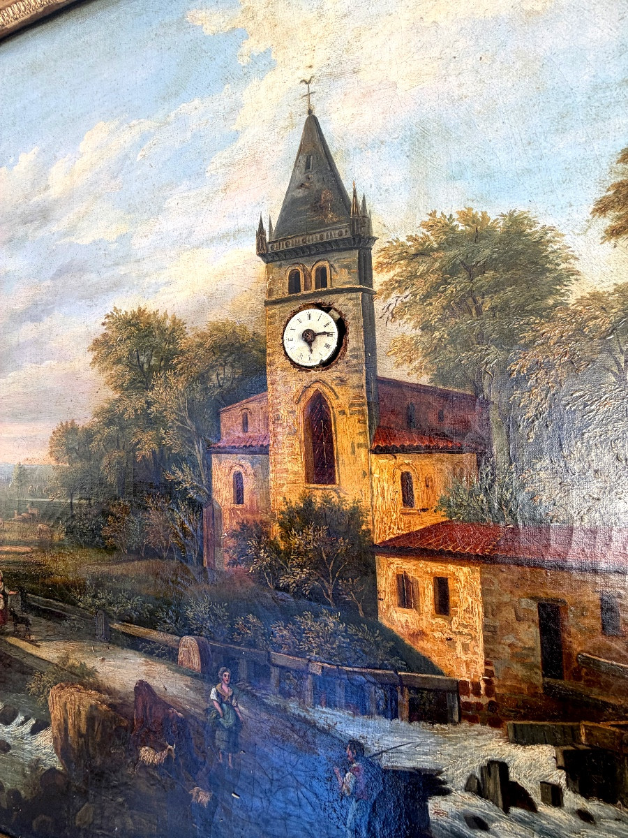  Fine Large Sound Landscape Painting To The Rhythm Of A Church In Its Charles X Period Frame-photo-4