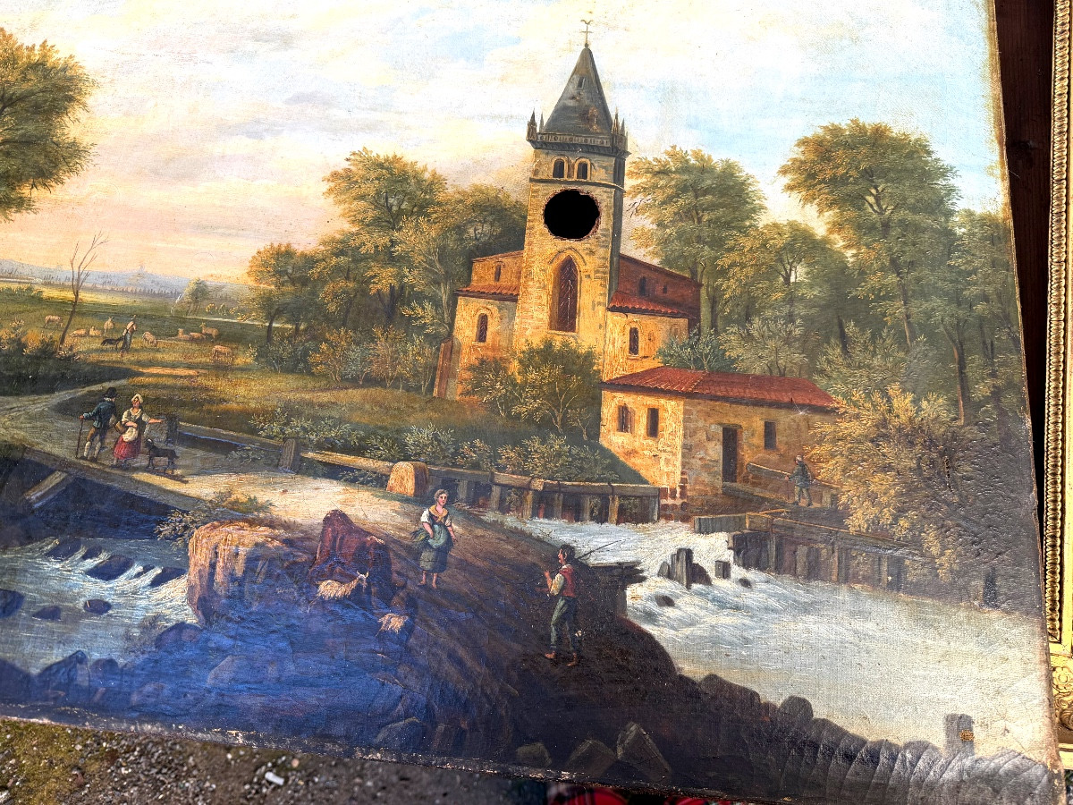  Fine Large Sound Landscape Painting To The Rhythm Of A Church In Its Charles X Period Frame-photo-7