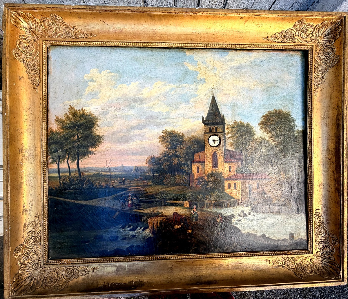  Fine Large Sound Landscape Painting To The Rhythm Of A Church In Its Charles X Period Frame