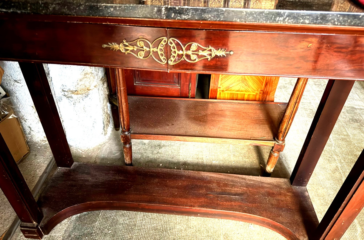 Sobre Console ,acajou Directoire , plateau marbre porphyre gris 2 tiroirs entretoise en plateau-photo-2
