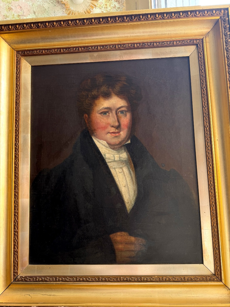 Grande huile sur toile encadrée Anglaise du milieu XIXème représentant un  jeune jovial notable-photo-2