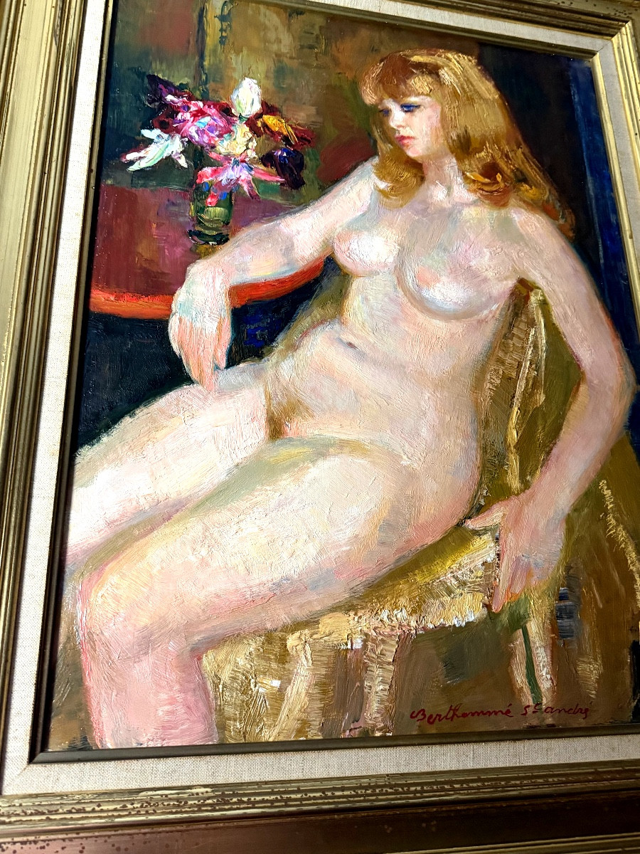 Portait de Mary nue assise faisant la pause devant un vase fleuri , par Berthommé Saint-André-photo-3