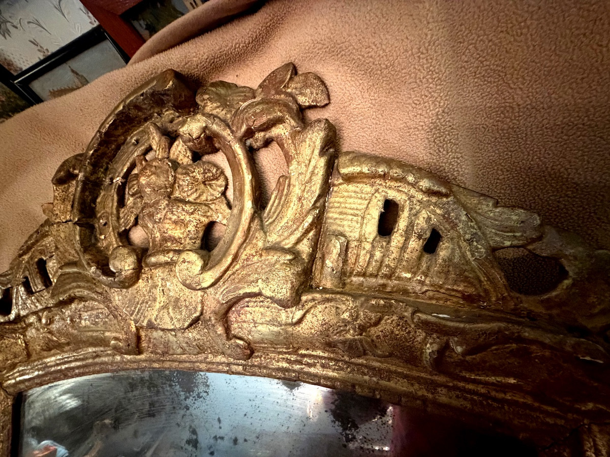 Regency Giltwood Carved Glass: Arched Pediment With Openwork And Flowers, Bérain & Tain Style Surround-photo-3