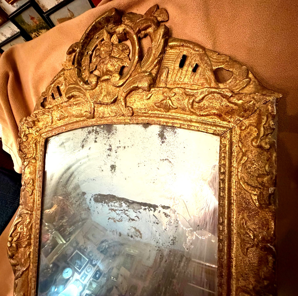 Regency Giltwood Carved Glass: Arched Pediment With Openwork And Flowers, Bérain & Tain Style Surround-photo-4