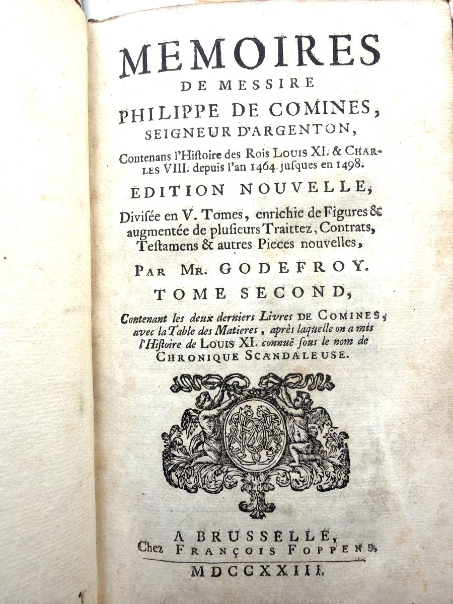 5 Beaux volumes In8 " Mémoires de Messire Philippe de Comines Seig. d'Argenton . Bruxelles 1723-photo-4