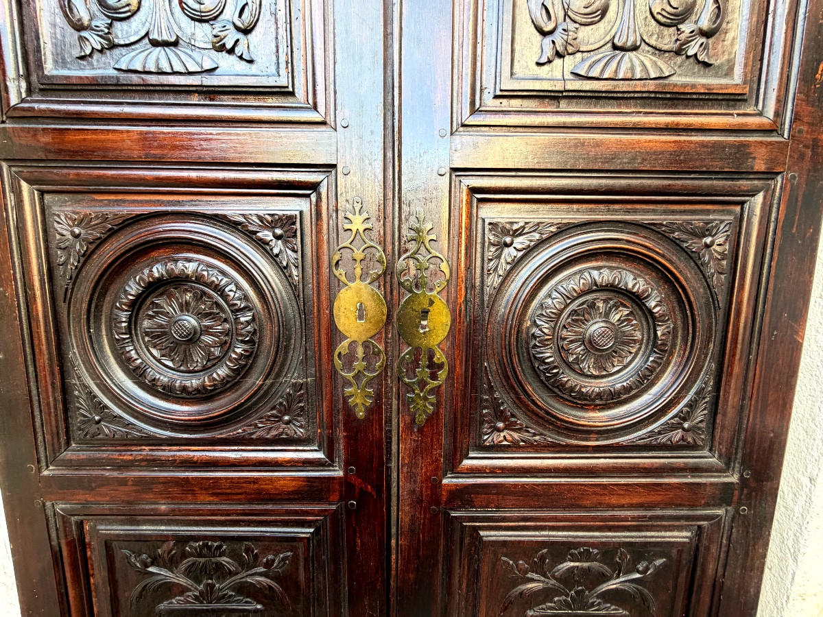 Rare Pair Of Richly Carved Walnut Cupboard Doors With Three Dark Patinated Louis XIV Panels-photo-1