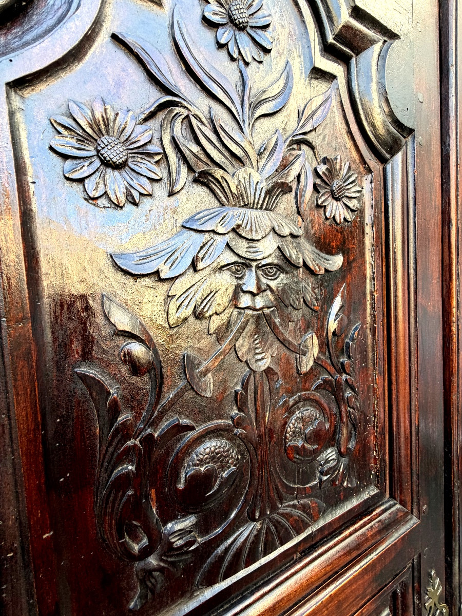 Rare Pair Of Richly Carved Walnut Cupboard Doors With Three Dark Patinated Louis XIV Panels-photo-2