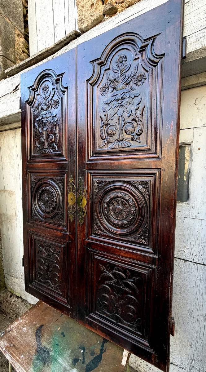 Rare Pair Of Richly Carved Walnut Cupboard Doors With Three Dark Patinated Louis XIV Panels-photo-4