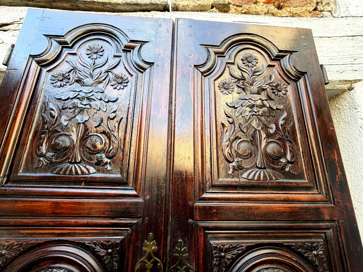Rare Pair Of Richly Carved Walnut Cupboard Doors With Three Dark Patinated Louis XIV Panels-photo-5