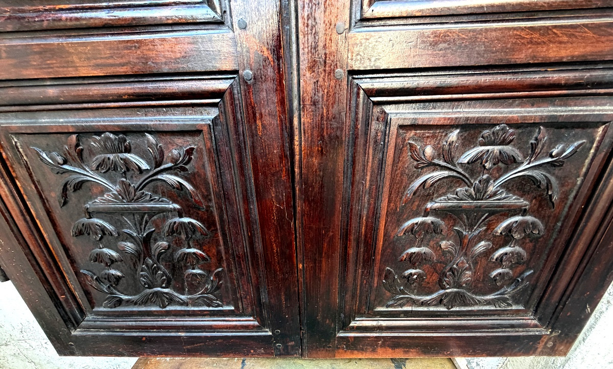 Rare Pair Of Richly Carved Walnut Cupboard Doors With Three Dark Patinated Louis XIV Panels-photo-7