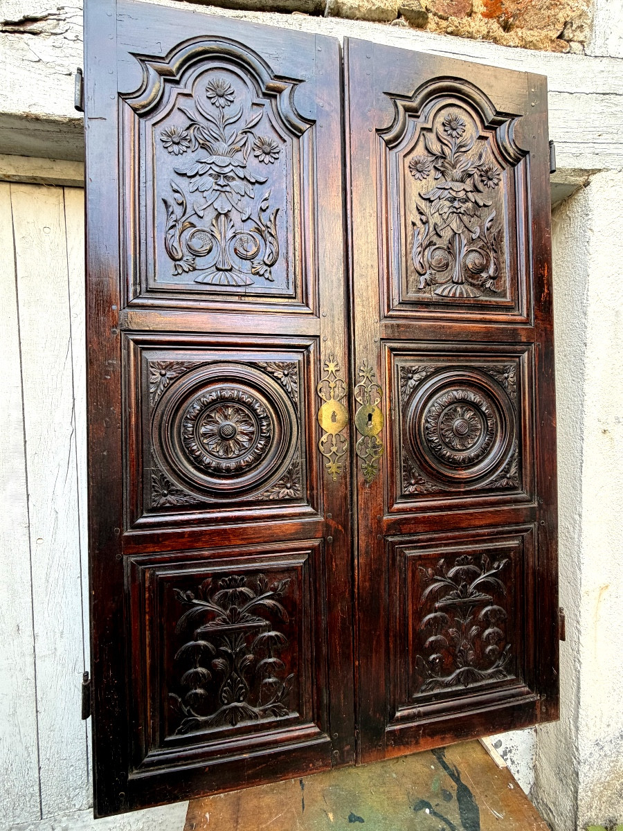 Rare Pair Of Richly Carved Walnut Cupboard Doors With Three Dark Patinated Louis XIV Panels-photo-8