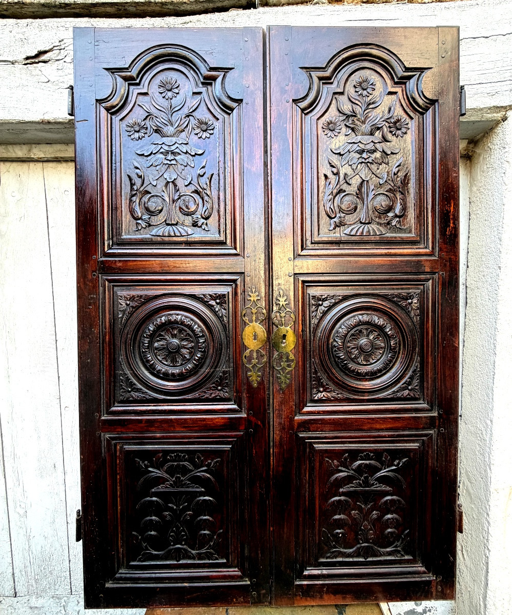 Rare Pair Of Richly Carved Walnut Cupboard Doors With Three Dark Patinated Louis XIV Panels