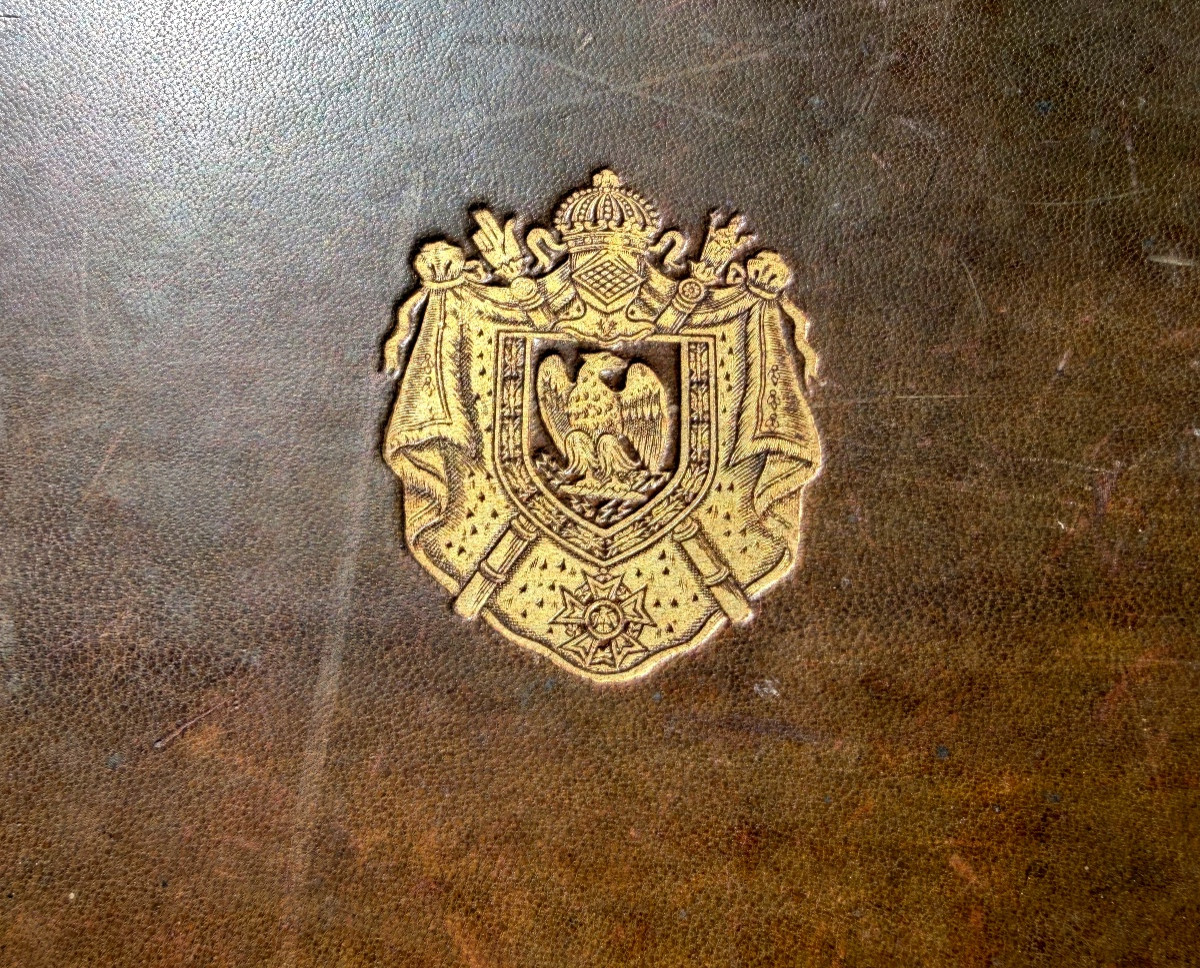 5 pièces, garniture de bureau maroquin olive , boite a courrier sous main aux armes Impériales-photo-2