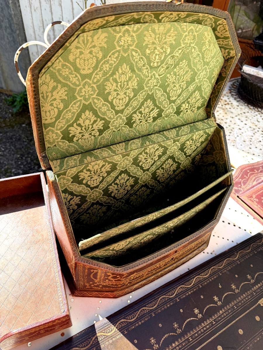 5 pièces, garniture de bureau maroquin olive , boite a courrier sous main aux armes Impériales-photo-4