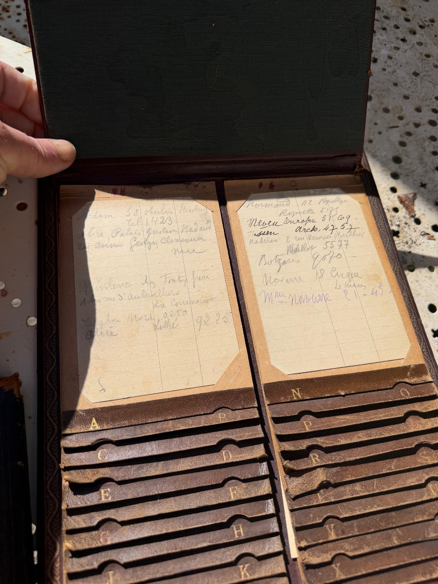 5 pièces, garniture de bureau maroquin olive , boite a courrier sous main aux armes Impériales-photo-6