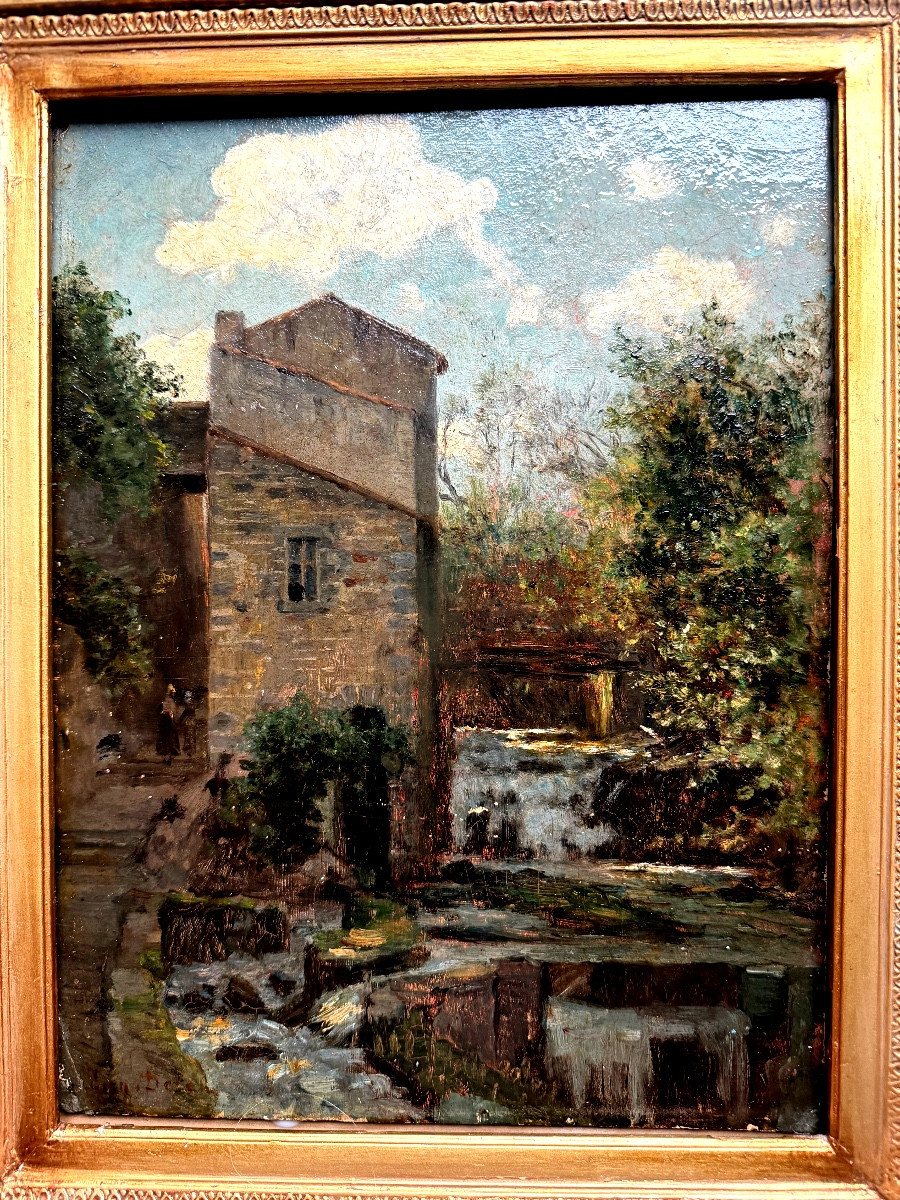 Le moulin au crépuscule H/panneau XIX ème encadrée de Eugène Decan Salon des artistes Français-photo-2