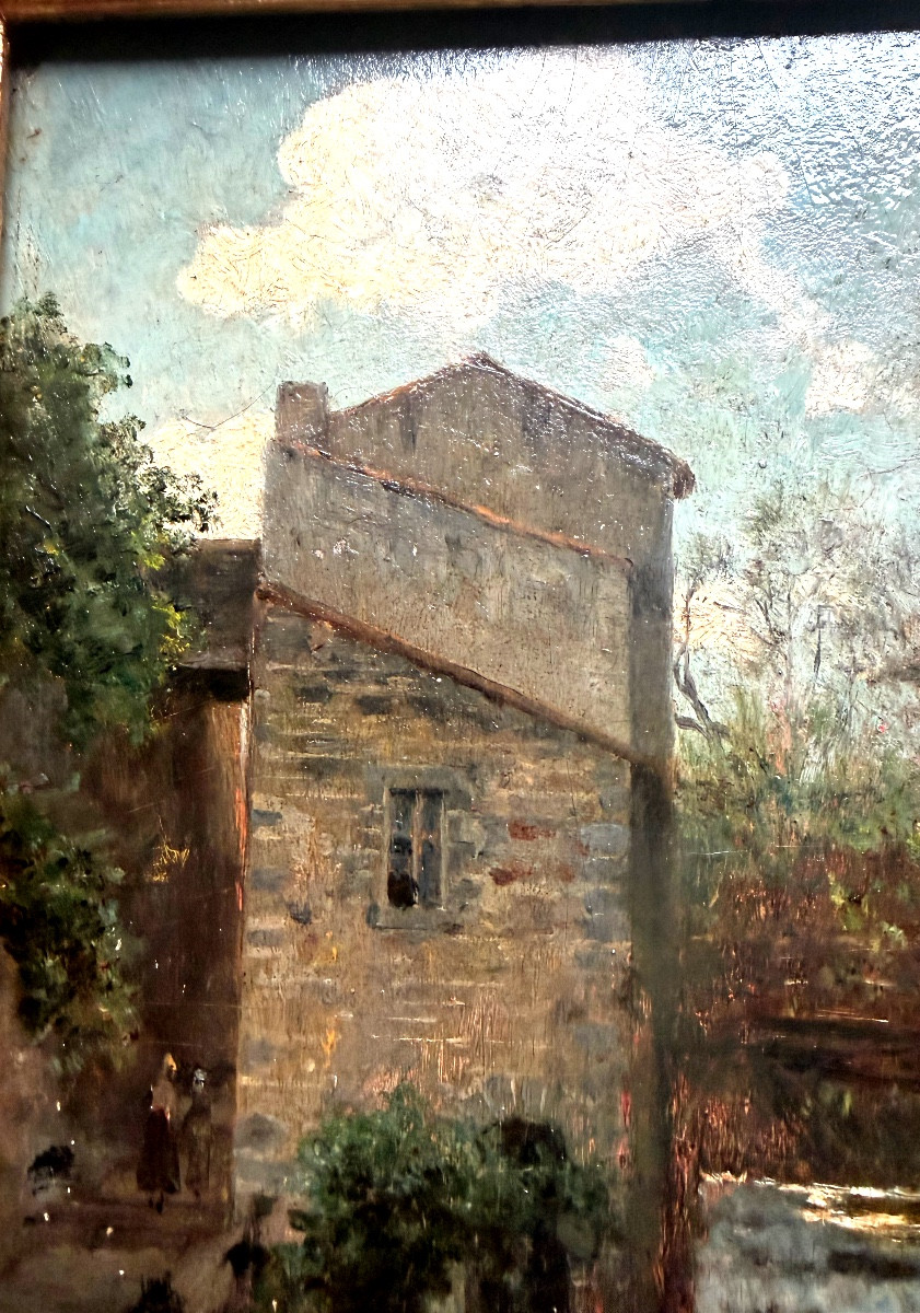 Le moulin au crépuscule H/panneau XIX ème encadrée de Eugène Decan Salon des artistes Français-photo-3