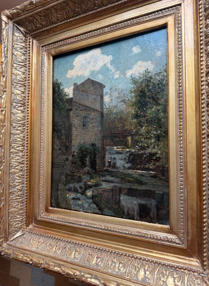 Le moulin au crépuscule H/panneau XIX ème encadrée de Eugène Decan Salon des artistes Français-photo-2