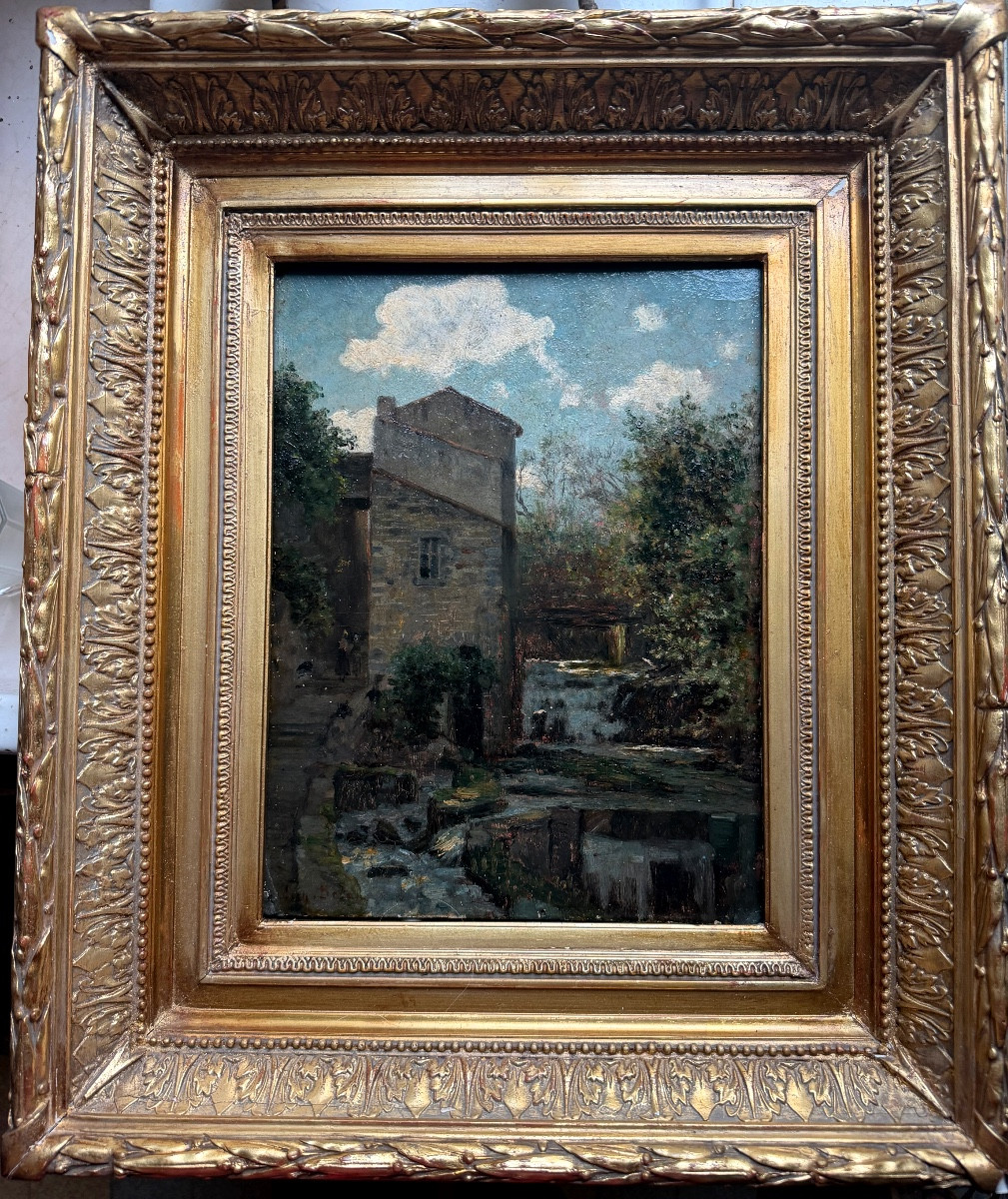 Le moulin au crépuscule H/panneau XIX ème encadrée de Eugène Decan Salon des artistes Français