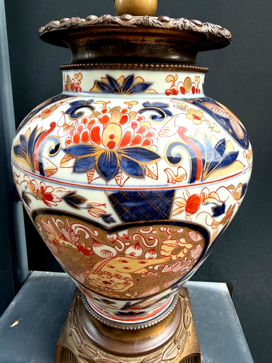 Beautiful And Stately XIXth Century Porcelain Lamp Base Decorated With Bronzes, N. III Imari Japan-photo-4