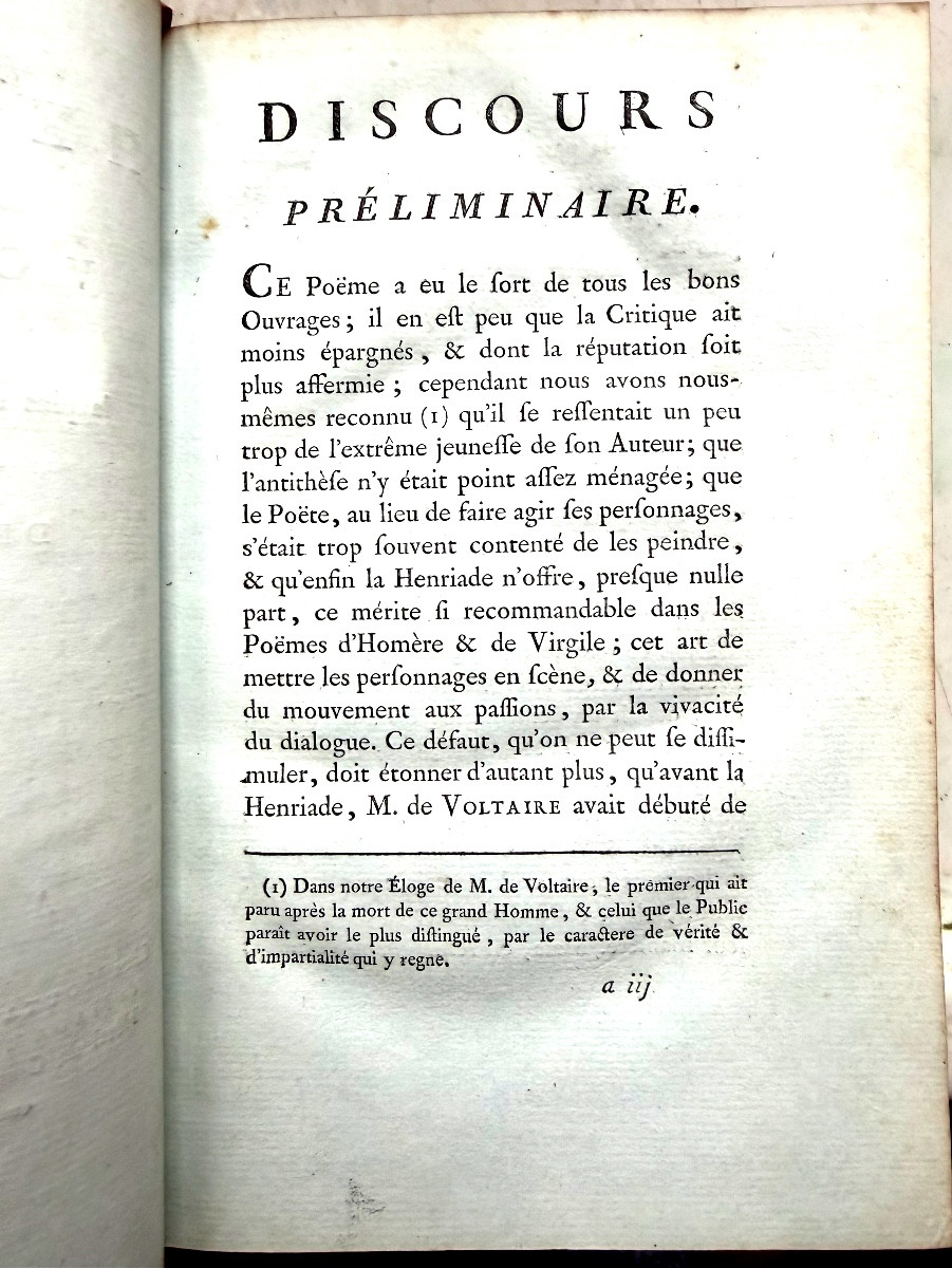 Bel exemplaire In 8 de 1784 :"La Henriade" de Voltaire sur grd.papier bleuté avec des remarques-photo-2