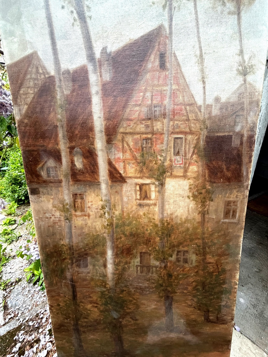 Grand panneau décoratif Ecole de Barbizon H/ toile châssis de I.Théodore hameau et bouleaux-photo-2